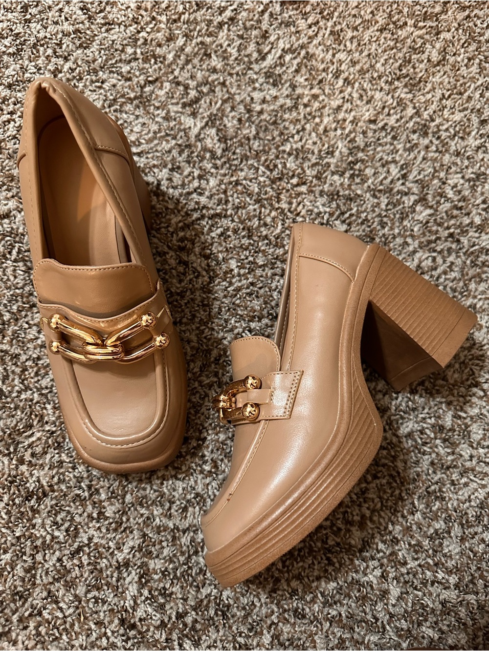 JustFab Tan Chunky Platform Loafers with Gold Chain Detail